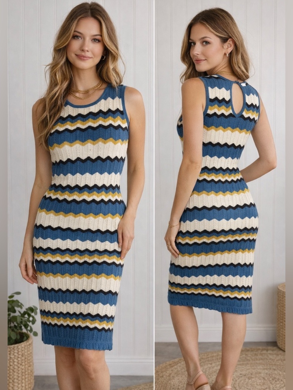 Knit Midi‎ Dress Blue Chevron Striped Sleeveless Coastal Cottagecore Small